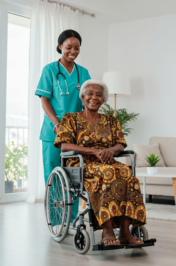 A caregiver pushing an elderly woman in a wheelchair, both smiling
